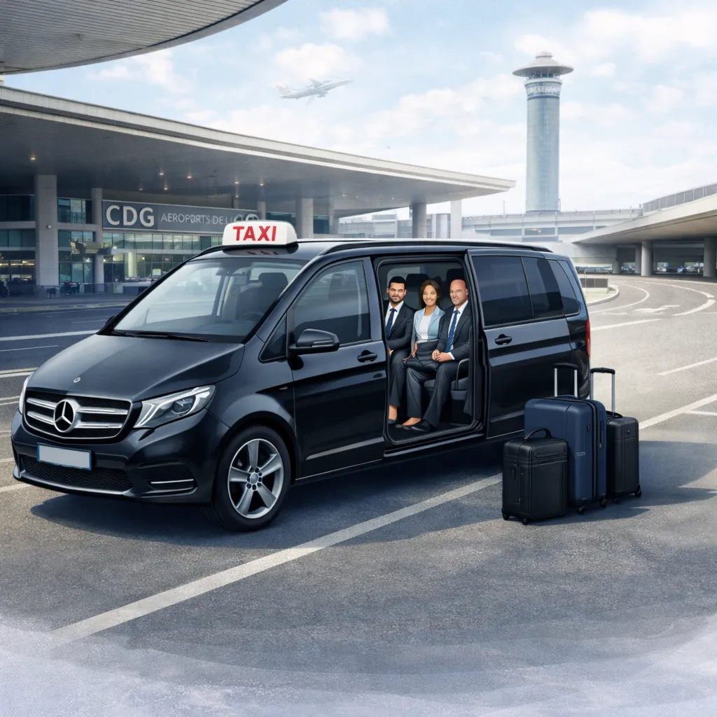 Taxi à Trappes de type van assurant les transferts vers les aéroports, avec un véhicule spacieux et confortable pour passagers et bagages