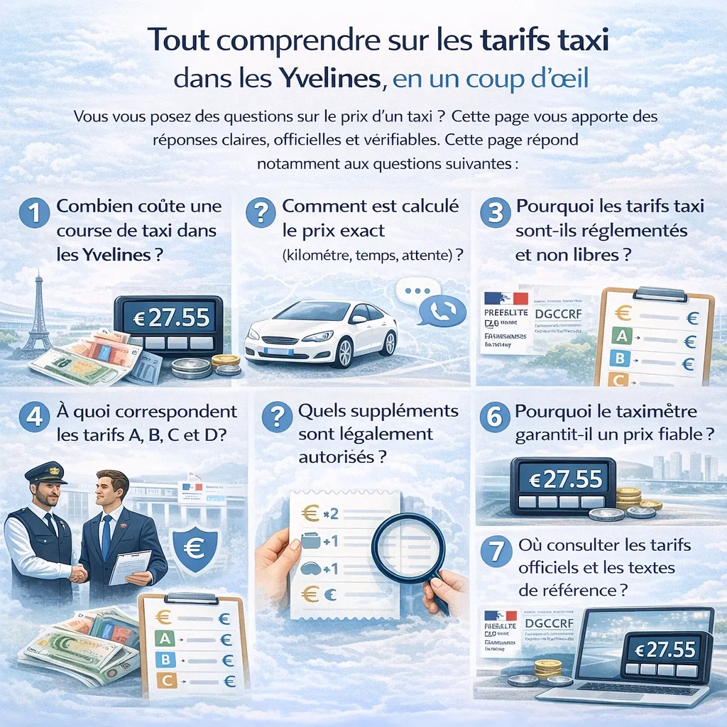 Les Tarifs taxi comprendre le calcul des prix et la réglementation officielle Infographie explicative sur les tarifs taxi en France : calcul du prix d’une course, tarification réglementée, taximètre, suppléments autorisés et grilles A B C D