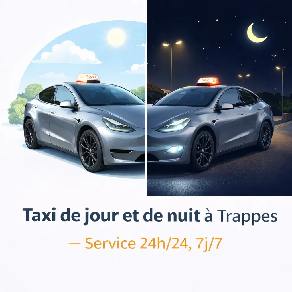 Taxi à Trappes disponible de jour comme de nuit, illustrant un service de transport 24h/24 et 7j/7 pour tous types de déplacements