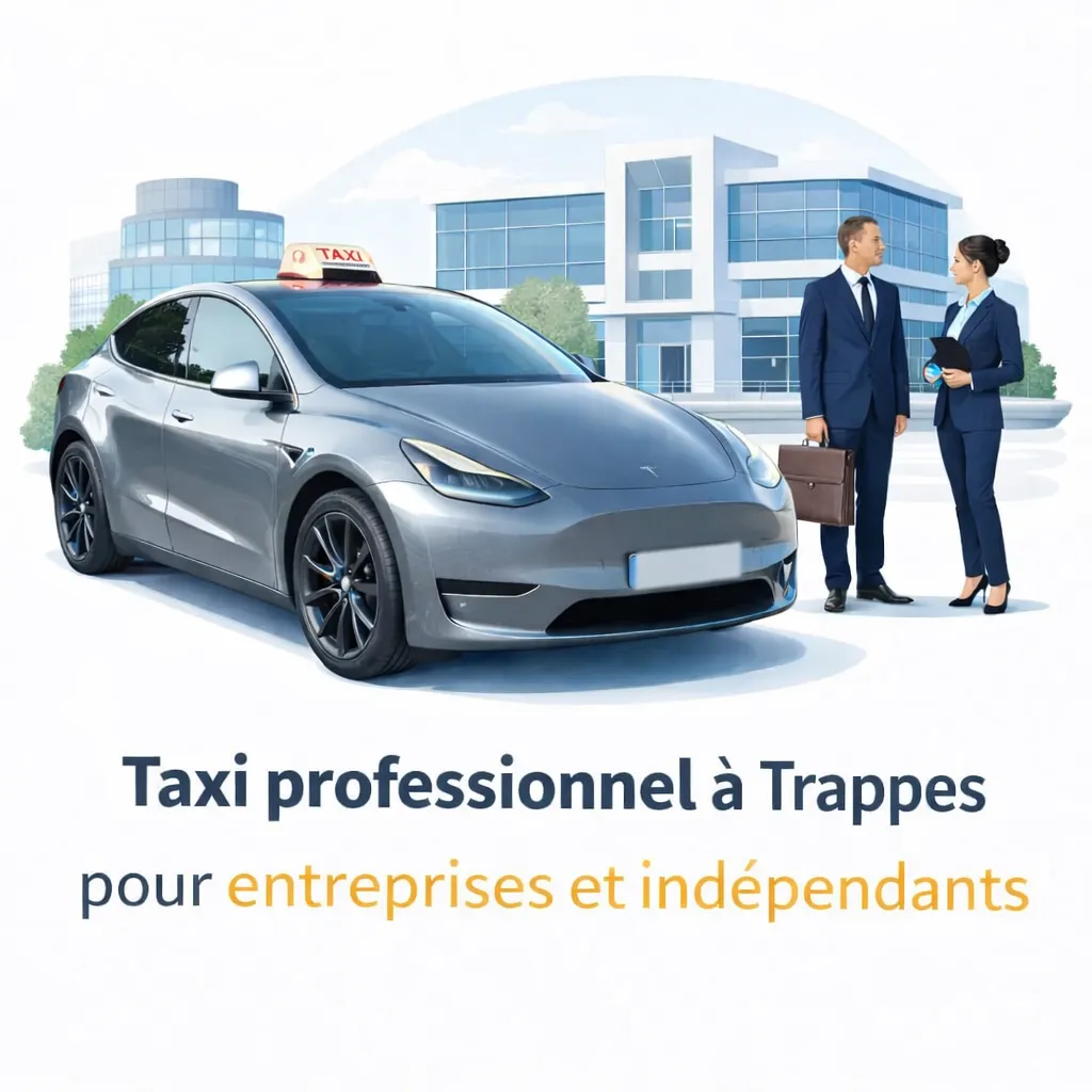 Taxi à Trappes dédié aux déplacements professionnels, illustrant un service fiable et discret pour entreprises, dirigeants et travailleurs indépendants