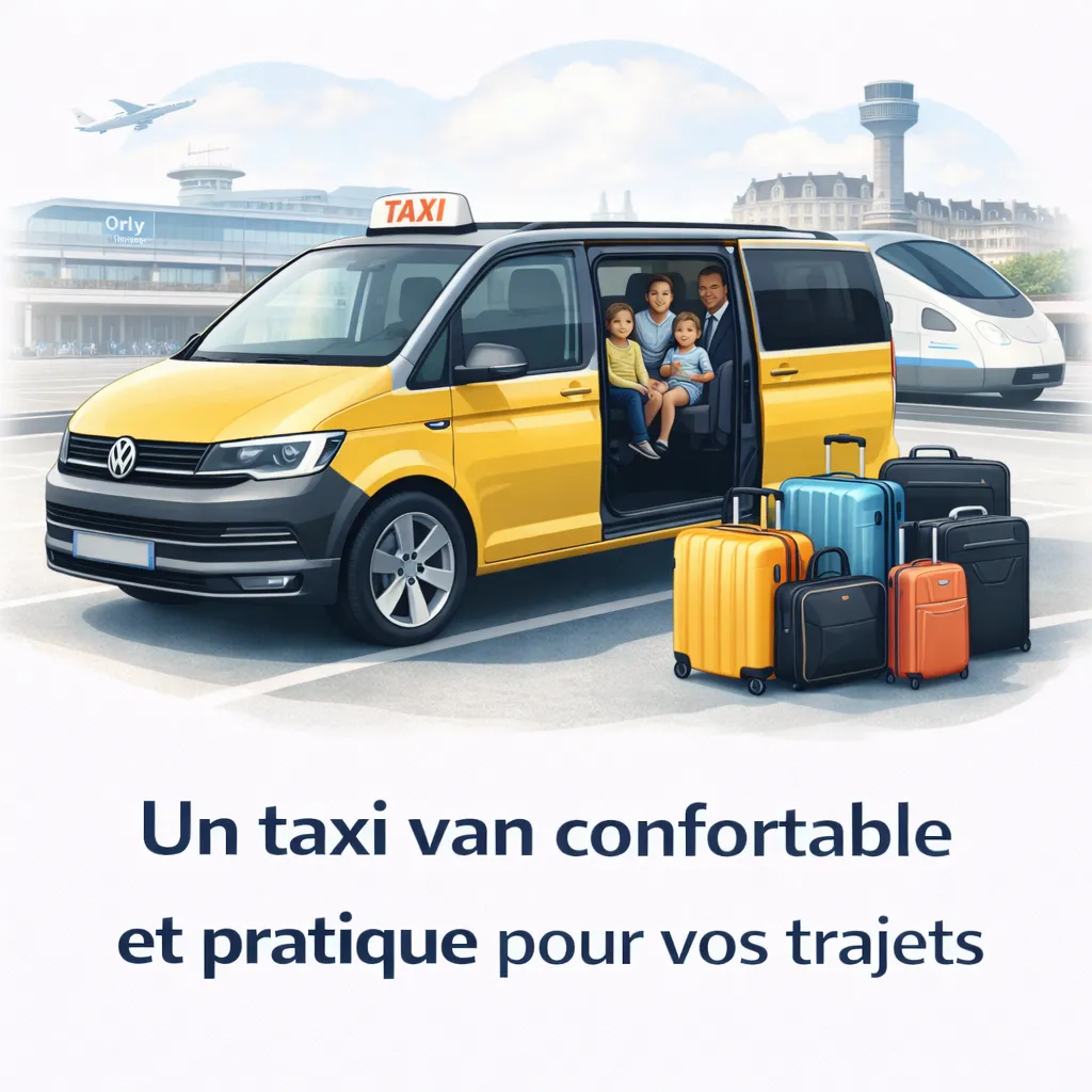 Taxi à Trappes de type van, offrant un transport confortable et spacieux pour familles, groupes et voyageurs avec bagages lors de trajets locaux ou longue distance