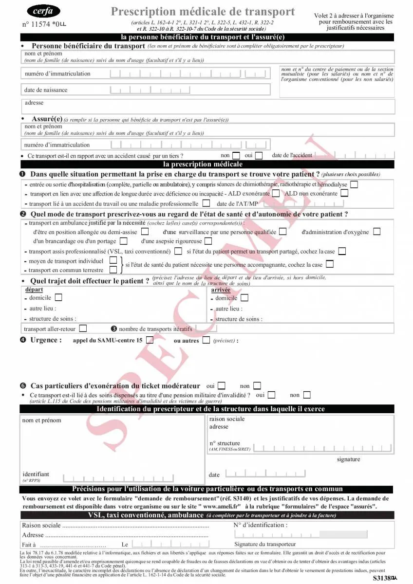 Exemple officiel de prescription médicale de transport (bon de transport) pour taxi conventionné, VSL ou ambulance. Document CPAM incluant les informations du patient, la prescription médicale, et les détails du trajet pour un remboursement par l’Assurance Maladie.
