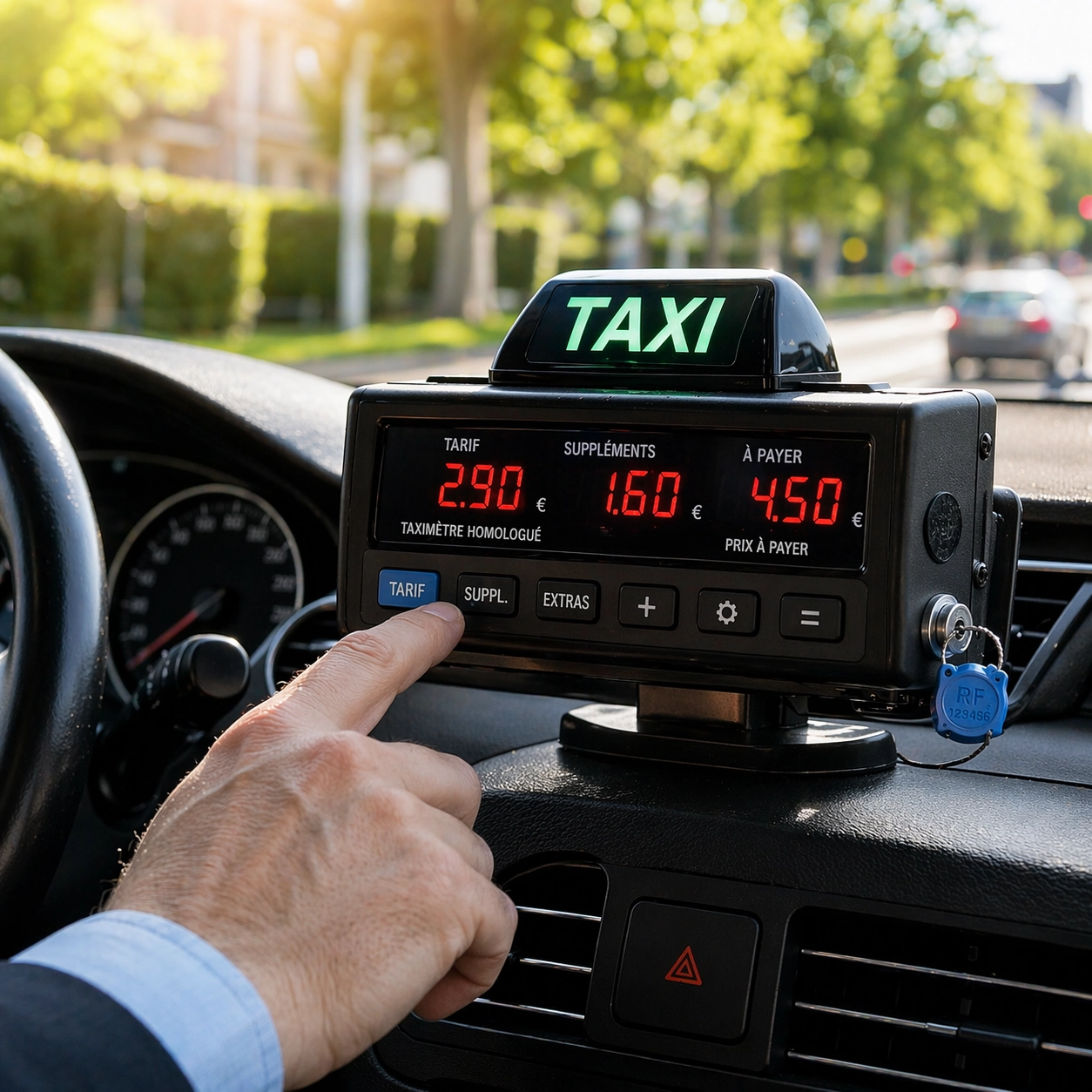 Taximètre de taxi affichant le prix d’une course à Plaisir avec tarif réglementé, calcul transparent du prix selon distance et durée