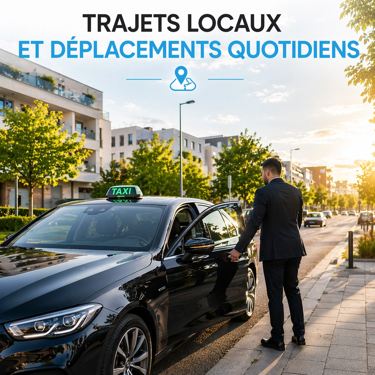 Taxi à Plaisir 78370 en centre-ville avec chauffeur ouvrant la porte, service de transport local pour déplacements quotidiens, rendez-vous et trajets courts
