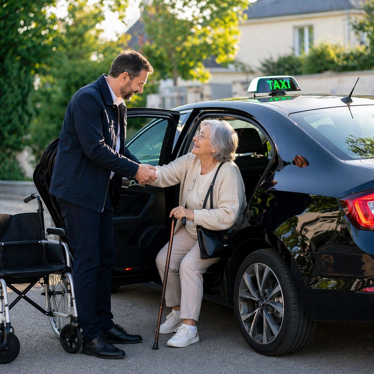 Taxi à Plaisir avec chauffeur aidant une personne âgée à descendre du véhicule avec assistance, service de transport sécurisé pour rendez-vous médicaux et déplacements du quotidien