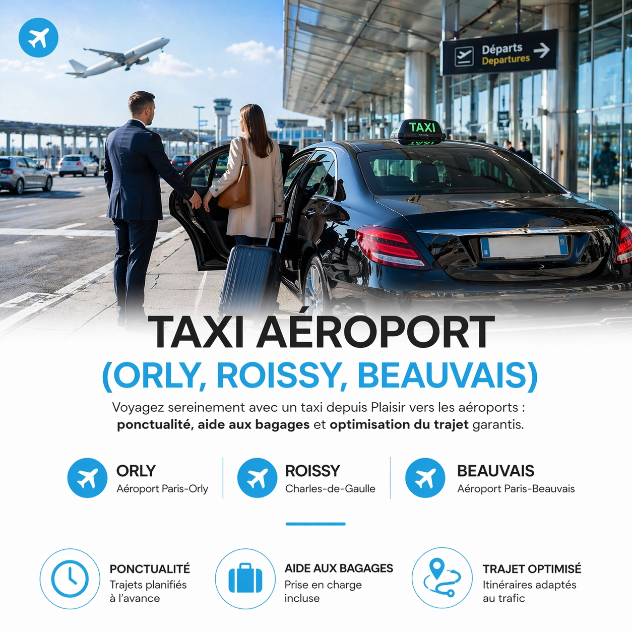 Taxi à Plaisir pour transfert aéroport avec chauffeur aidant un client avec bagages, service vers Orly, Roissy Charles de Gaulle et Beauvais avec réservation à l’avance