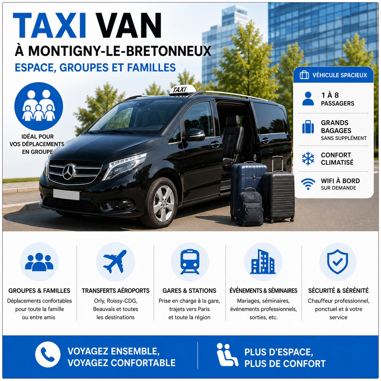 Taxi van à Montigny-le-Bretonneux pour groupes, familles, transferts aéroports, gares et trajets avec grands bagages